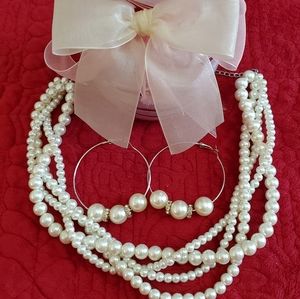 ELEGANT PEARL NECKLACE w/ HOOP PEARL EARRINGS